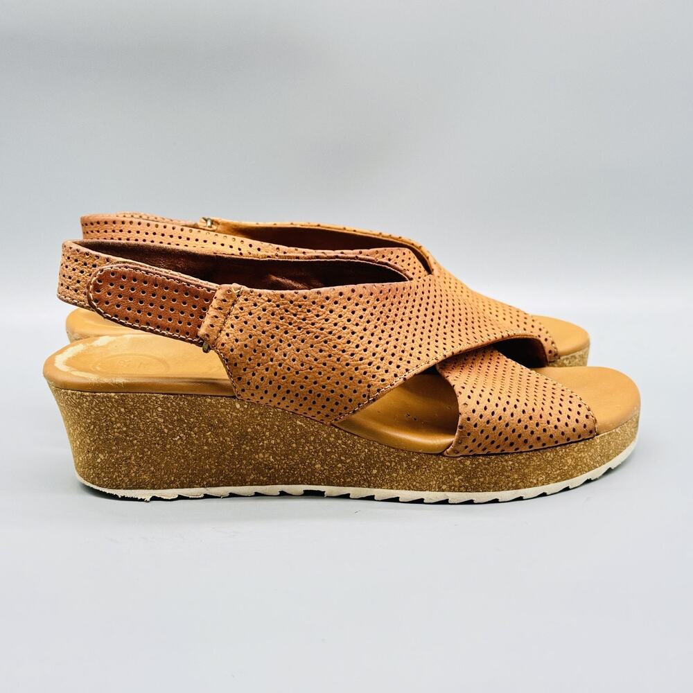 Paul Green Sandals Womens 7 Brown Leather Slingback Wedge Perforated Strap Shoes